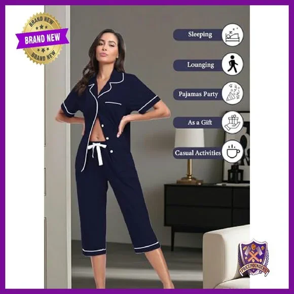 100% Cotton Pajama Set Short Sleeve Button Down Capri Sleepwear